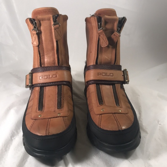 Polo Ralph Lauren Men Kilnwick Brown Leather Double Zip Moto Gorpcore Ankle Boot - Picture 2 of 10